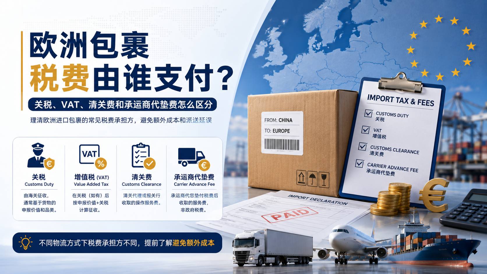 欧洲包裹税费由谁支付？关税、VAT、清关费和承运商代垫费怎么区分